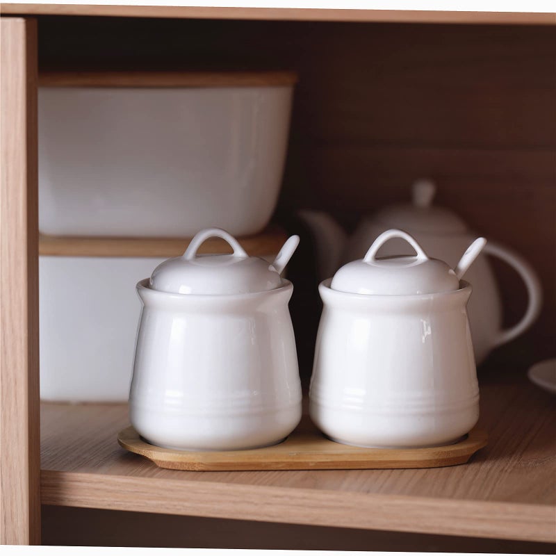 HAOTOP Ceramic Sugar Bowl 2 Pack, PorcelainJar with Tray, Spoon and Lid for Sugar, Pepper, Coffee, Spice, Salt, 12 Ounces (White) - Image 4